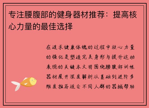 专注腰腹部的健身器材推荐：提高核心力量的最佳选择