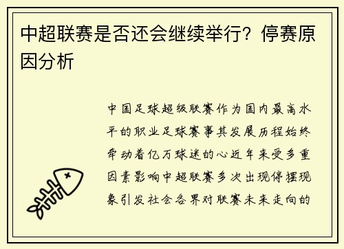 中超联赛是否还会继续举行？停赛原因分析