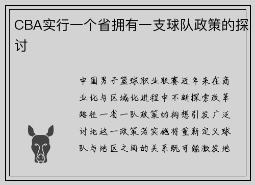CBA实行一个省拥有一支球队政策的探讨